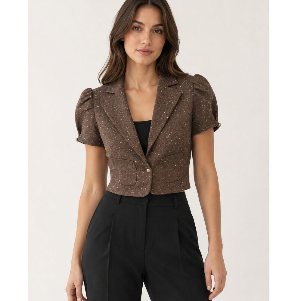 Carolina Herrera Tweed Cropped Blazer Puff Sleeve Cocktail Party Brown Size 6
